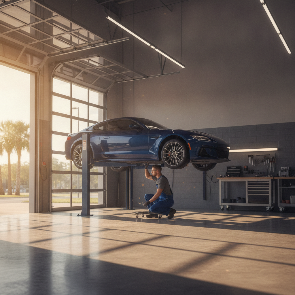 Mechanic working under a car on a lift in a modern auto repair bay